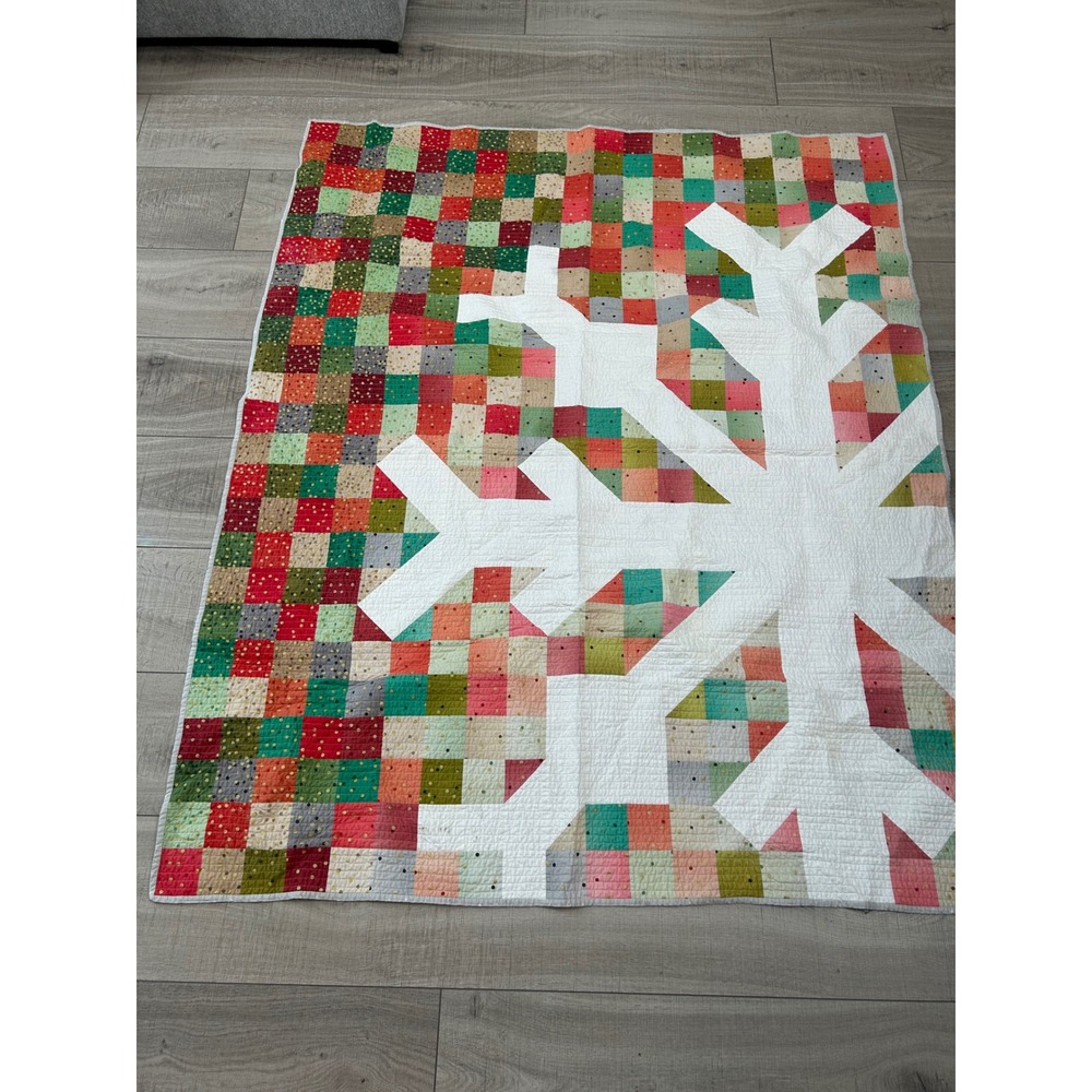Handmade Snowflake Patchwork Quilt Multicolor Christmas Winter Throw  55x66